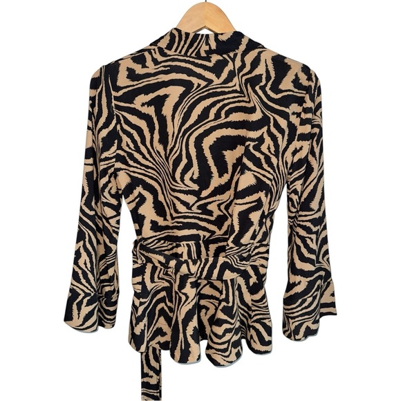 GANNI | Tiger-Print Wrap Blouse | Long Sleeve Tie Waist Tan Black  Top | 36 US 4 - Picture 5 of 8